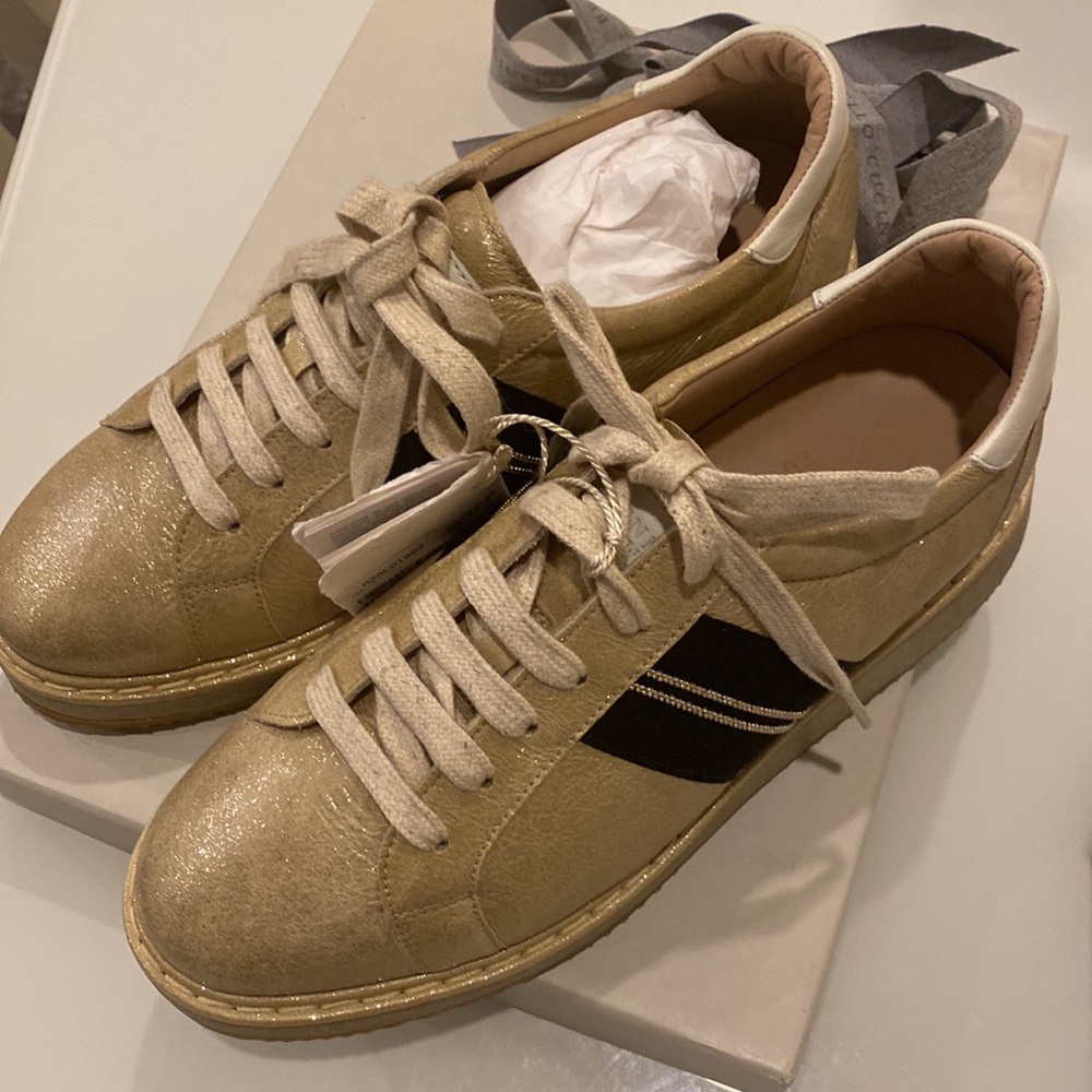 Brunello Cucinelli Gold Leather Shimmer Sneakers Size 39